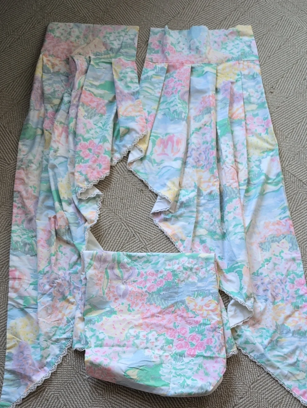 Vintage 80s Cotton Pastel Monet Floral Watercolor Curtains Panels & Valance Set